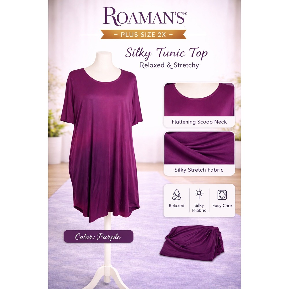 Roamans Silky Tunic Top Purple‎ Plus Size 2X Scoop Neck Short Sleeve 03-0449-3